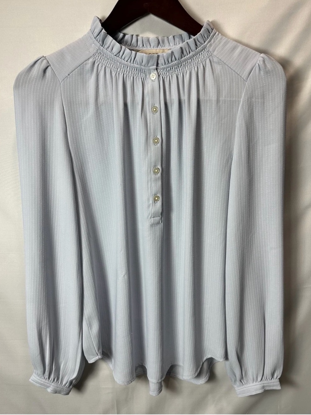 LOFT Women's Light Blue Ruffled Neck Blouse with Button Front – Size XS